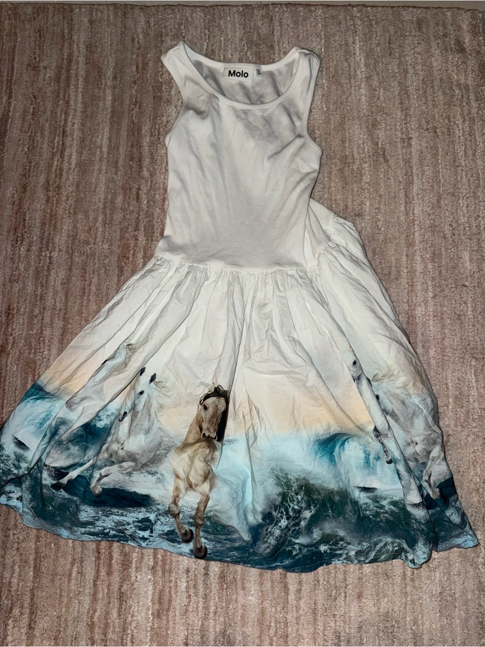 Molo White Dress with Blue and Cream Horse Print